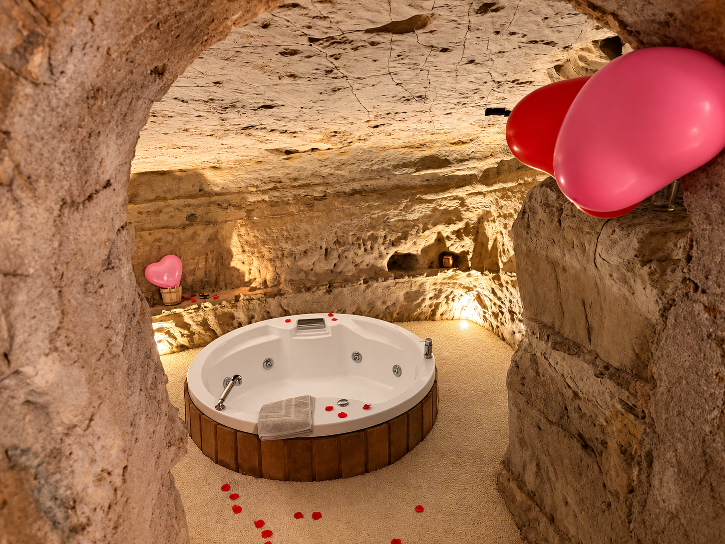 Grotta naturale con vasca, petali e palloncini a cuore